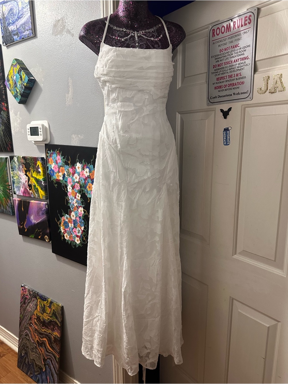 White Halter Maxi Dress with Textured Floral Overlay